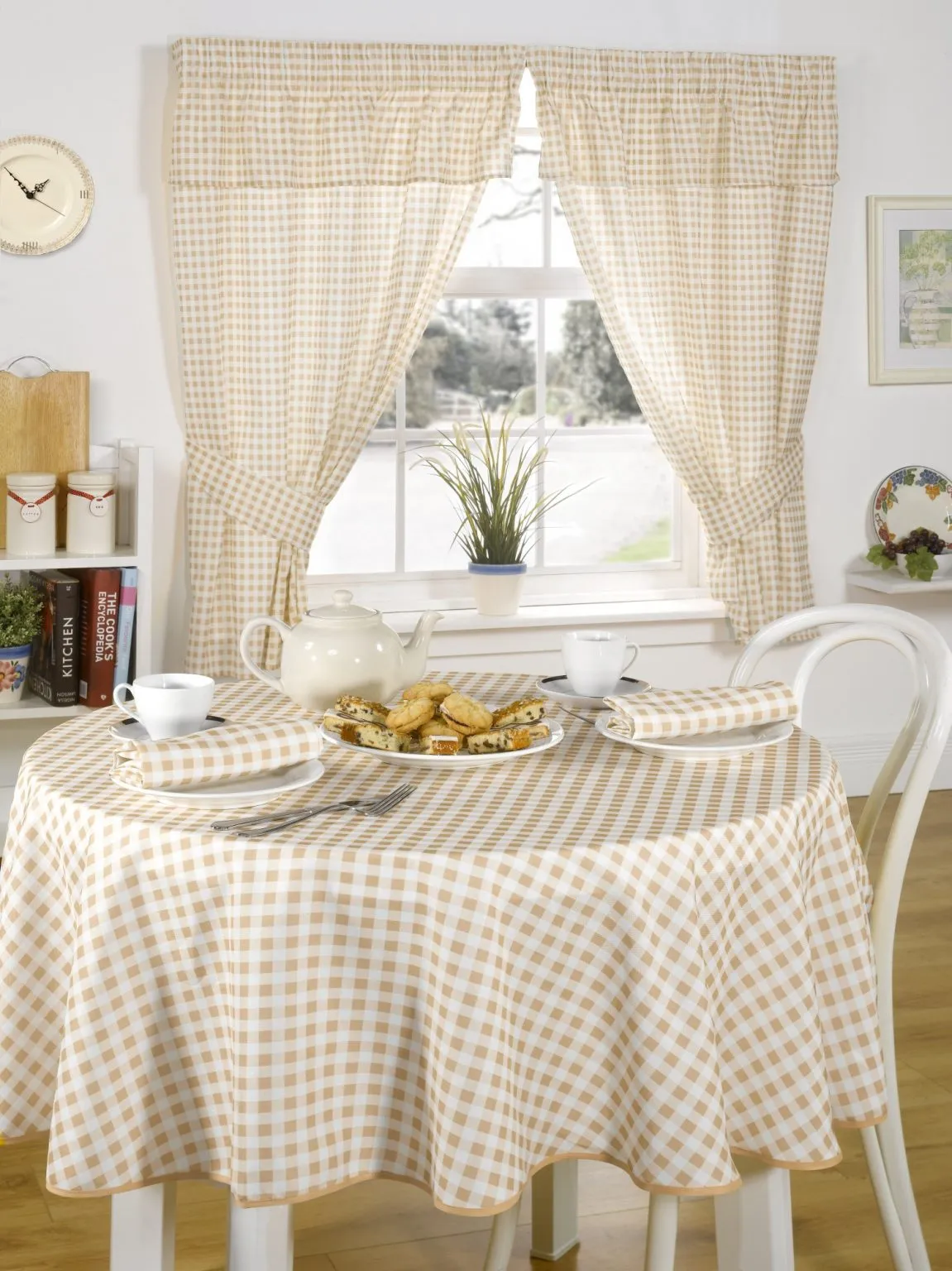 Gingham Beige Tablecloth  – choice of shapes and sizes