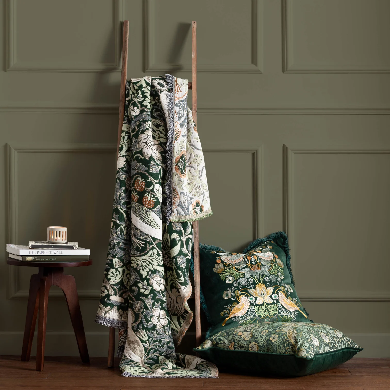 William Morris Strawberry Thief Design Forest Jacquard Throw and Cushions available separately