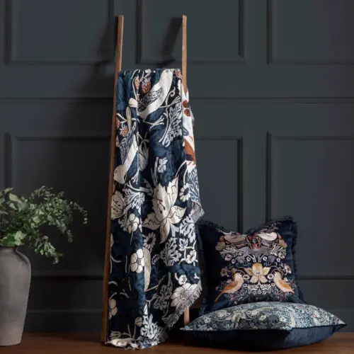 William Morris Strawberry Thief Design Indigo Jacquard Throw and Cushions available separately