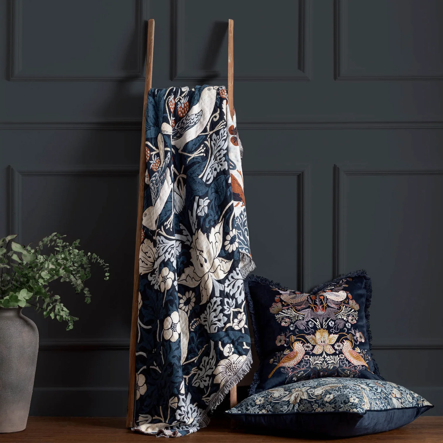 William Morris Strawberry Thief Design Indigo Jacquard Throw and Cushions available separately