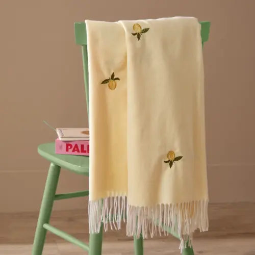 Fruits Lightweight Embroidered Throw 130x180cms in Zesty Lemon